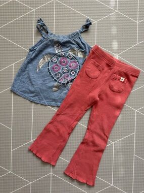 Easy peasy|Baby girl/Toddler boho set,Blue Tank & Coral Ribbed Flare Pants•••3T
